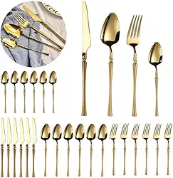 Kit Faqueiro 24 Peças em Aço Inox – Conjunto de Talheres Completo com Facas, Garfos e Colheres - Talheres para Jantar, Uso Diário e Ocasiões Especiais - LealShop (Dourado)