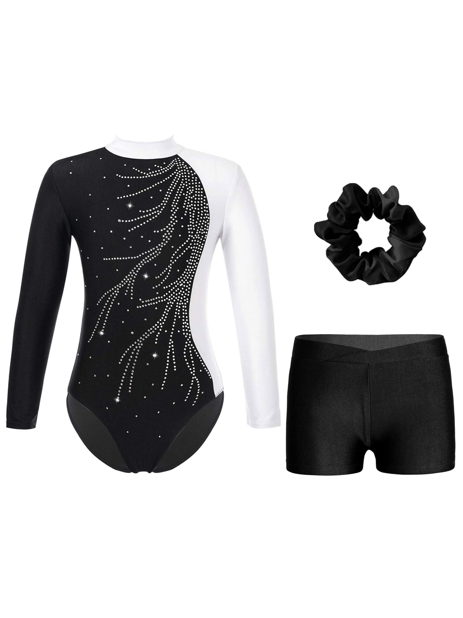 Alvivi Mädchen Turnanzug Glitzer Gymnastikanzug mit Kurze Hose Haarband Langarm Gymnastikbody Turntrikot Gymnastik Kleidung Tanzkostüm