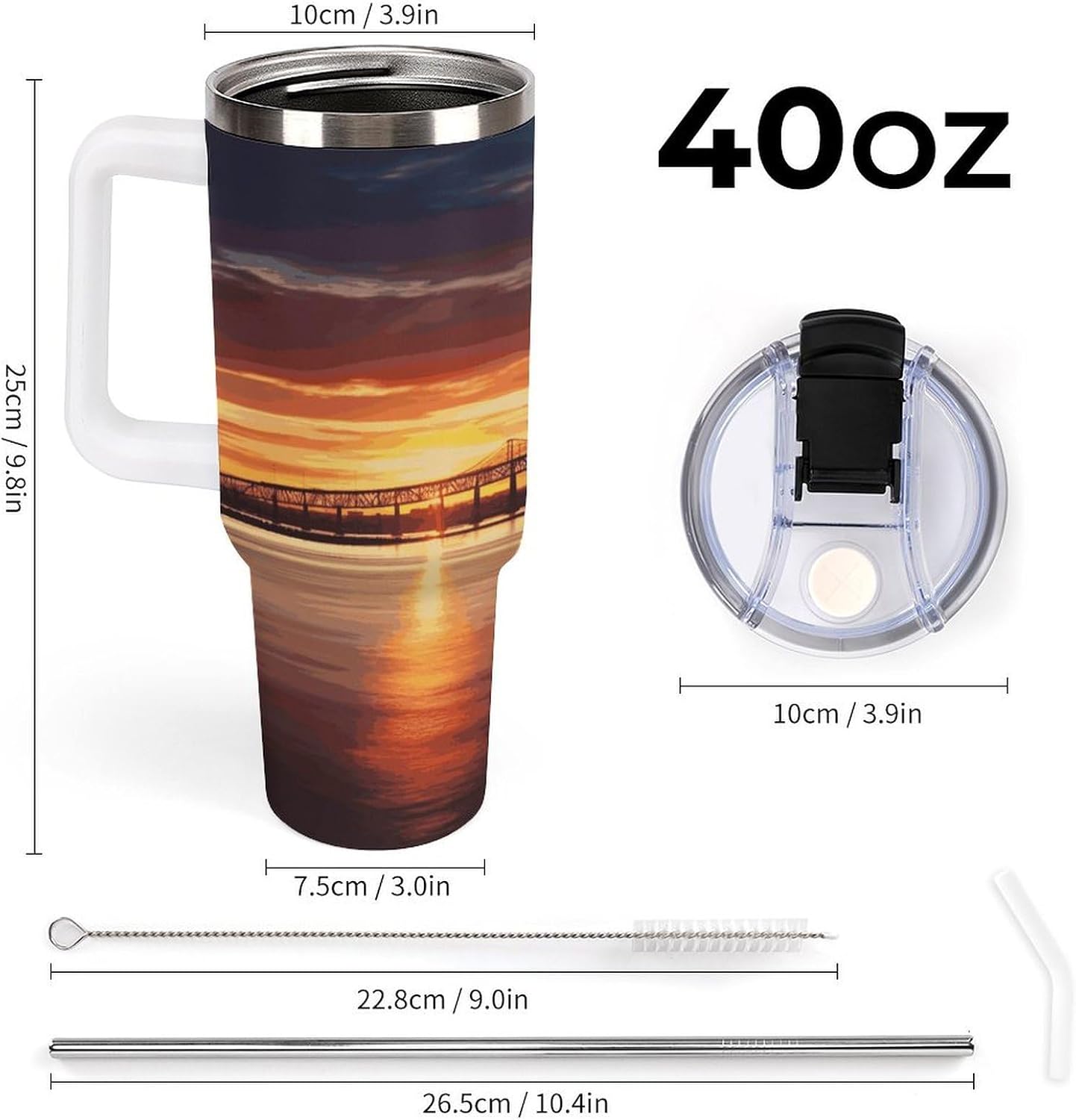 Newark Bay Bridge And Sunset Tumbler 40 Oz with Handle&Lid Large Car Cup Stainless Steel Vacuum Travel Mug Insulated Water Bottle Leak-proof Portable Coffee Cup for Home Car Outdoor