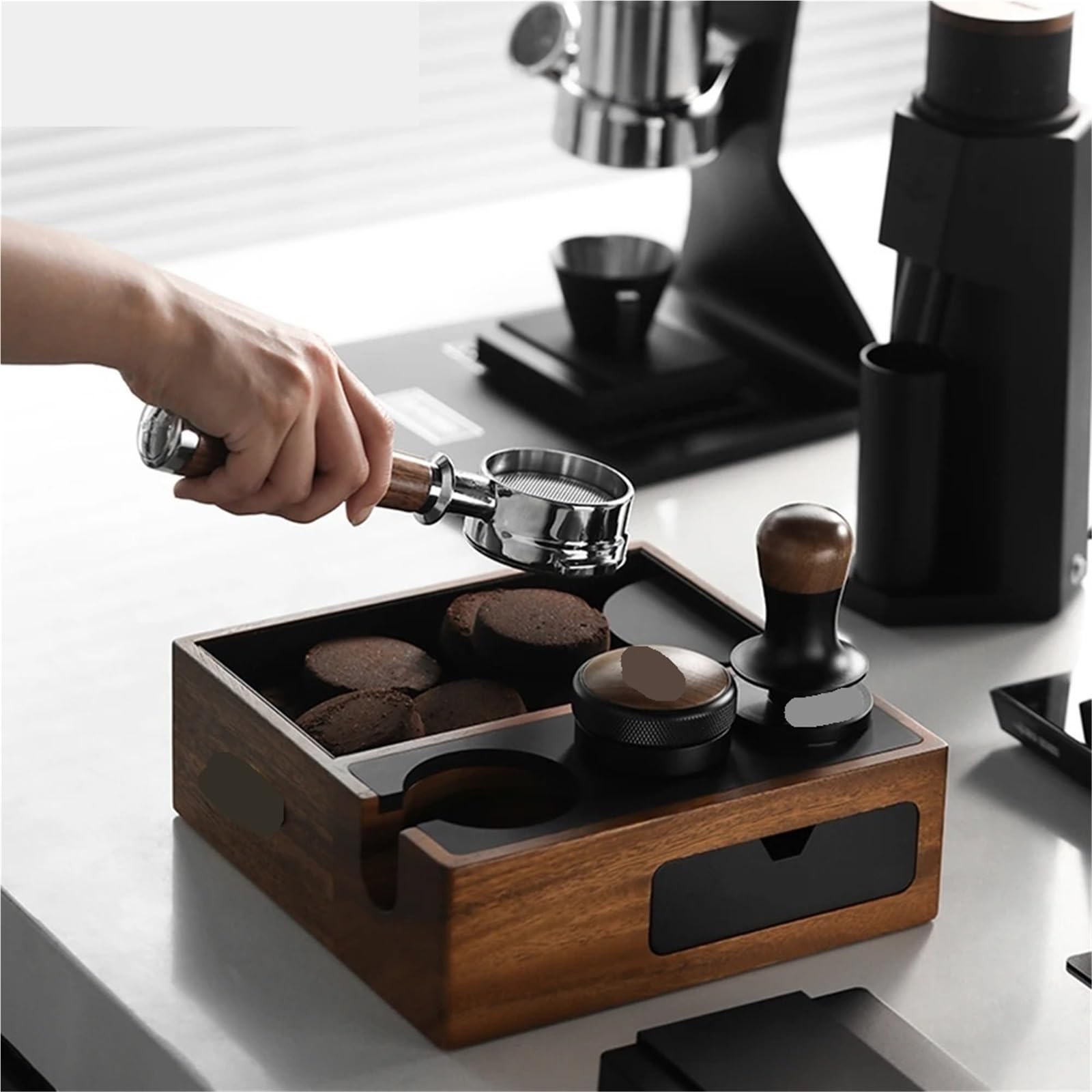 Portafiltro de café, Soporte for Tamper, tapete for Espresso, Soporte de Madera, Herramientas for café, Caja de Golpe, Accesorios de café for Barista para Cocina, Cafetería(Light Grey)