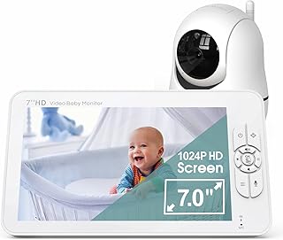 Video Baby Monitor with Camera and Audio No WiFi, 7inch 1024P HD Screen, 22H Long Battery Life, Auto Night Vision,2 Way Audio Talk, Room Temperature Monitor, 4X Zoom, Lullaby Baby Elderly