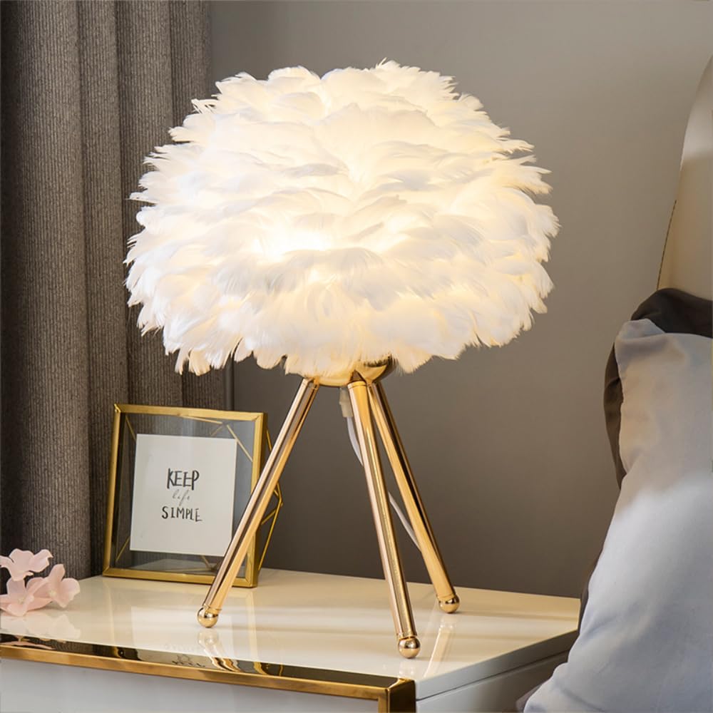 XINYASEE Lampe de Table,lampe de chevet en Plumes d'oie, Douille E27,Corps de lampe à support métallique, 5 couleurs disponibles, Abat-jour en plume d'oie, Lampes de Bureau Design Moderne (Blanc)