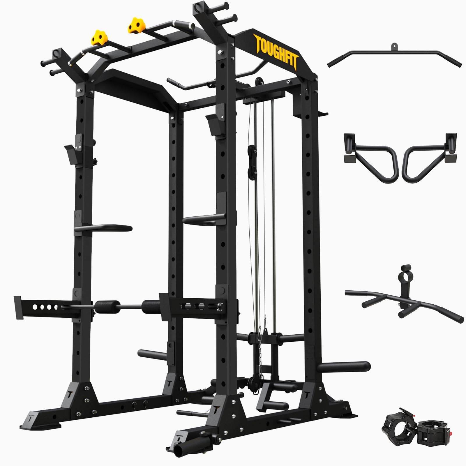 2024 Upgraded T2 Power Cage Muti-Function Power Rack with LAT Pulldown System Squat Rack with Weights and Bar Set for Home Gym with Unique Training Attachment