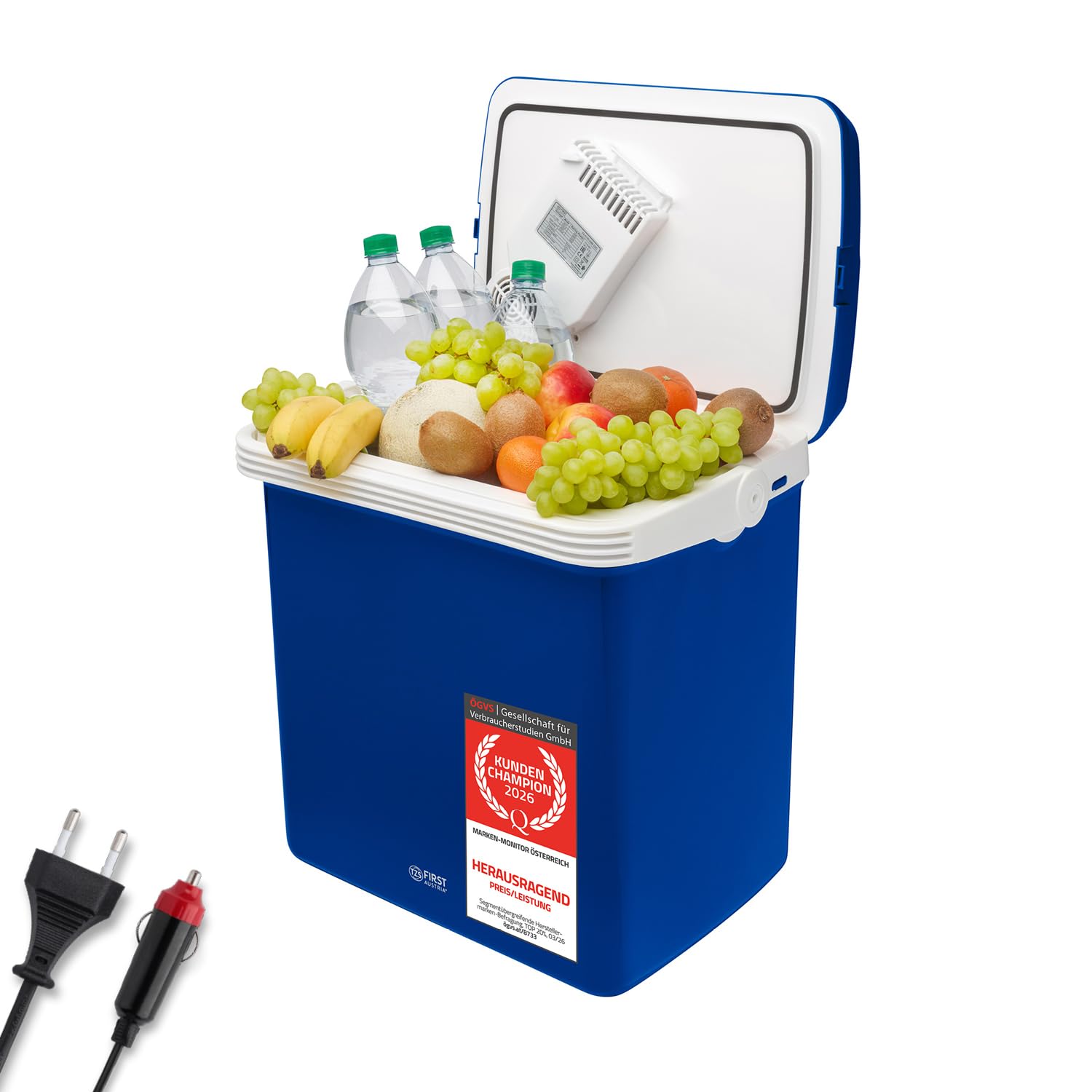 TZS First Austria - Elektrische Kühlbox 32L - Kühl- & Wärmefunktion - 12V/230V für Auto & Steckdose - Thermoelektrisch & Leise - Camping & Reise - Blau