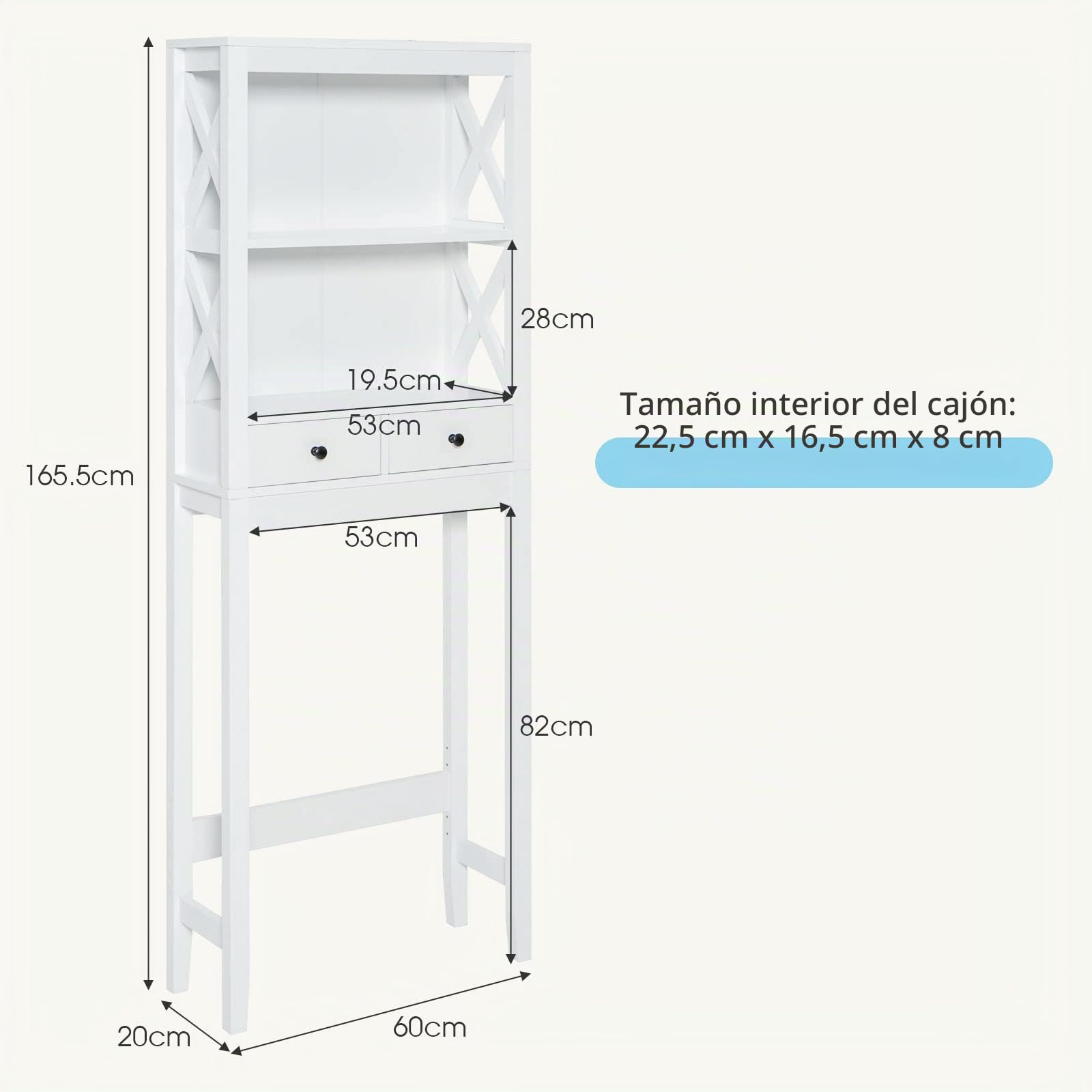 LIFEZEAL Armario sobre Inodoro, Organizador con 2 cajones, Mueble con estantería para baño, Armario de Madera para el Inodoro, Lavadora, 60 x 20 x 165,5 CM, Blanco