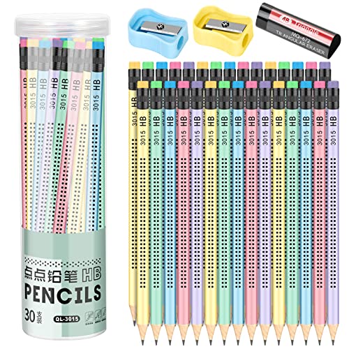 HB Bleistifte, 30 Stück Bleistift mit Radiergummis & 2 Stücke Bleistiftspitzer-rutschfest Mehrfarbig Bleistift Kinder, Kinder Bleistifte Hb für Schule Büro,Schreiben Skizzieren Zeichenwerkzeuge Cover