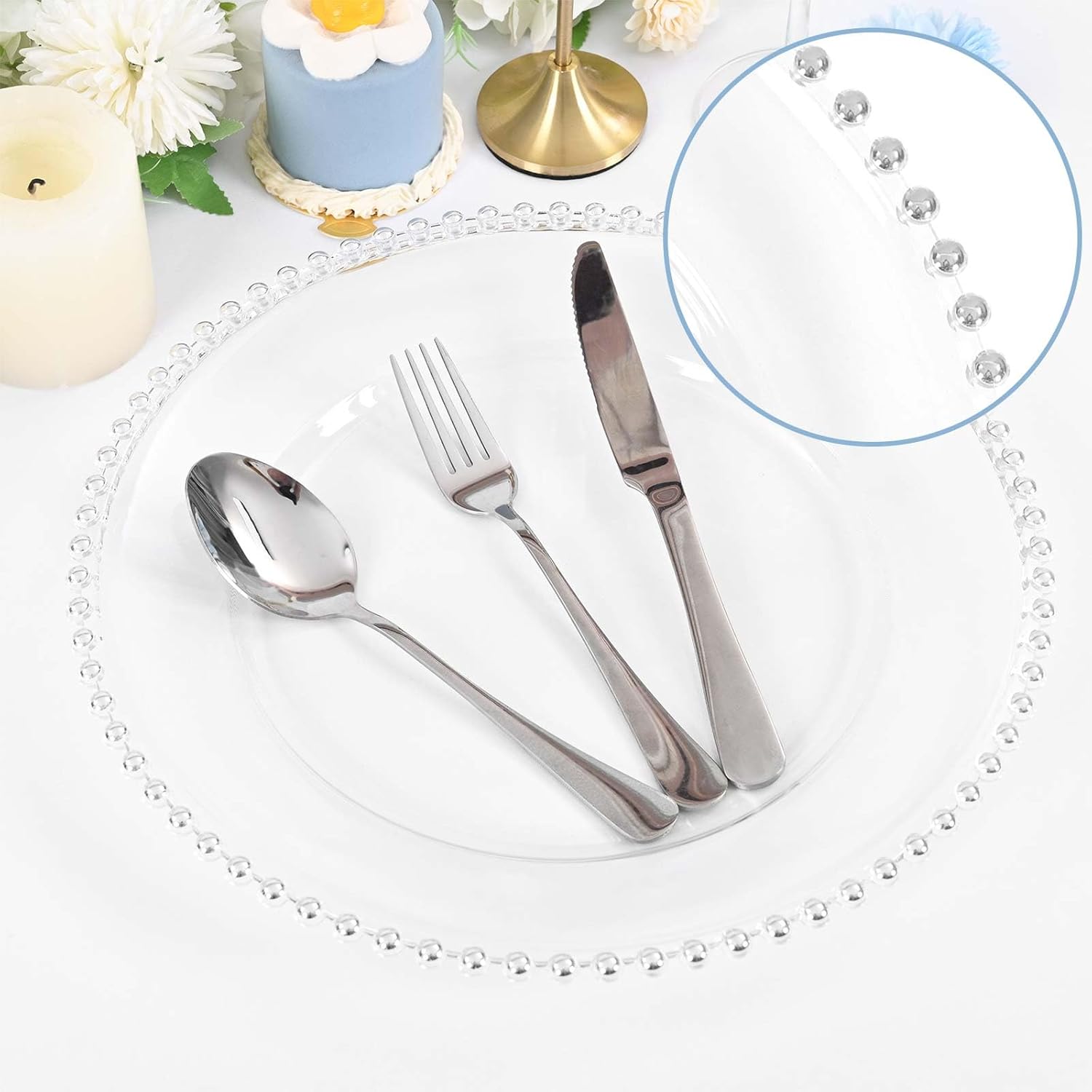 12 Pack Clear Acrylic Round Charger Plates With Silver Beaded Rim, 13 Inch Plate Chargers for Dinner, Plastic Decorative Plates for Wedding, Party, Event Decoration, Tabletop Decor (Silver)