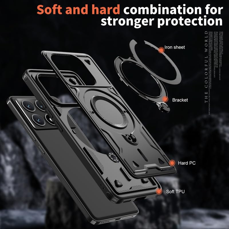 Image of Bumper Armor Shockpoof Case Compatible with Poco X6 Pro 5G, Magnetic Attraction Ring Holder Phone Cover and 360 Protection Rotate Stand Case Cover for Poco X6 Pro 5G - Black