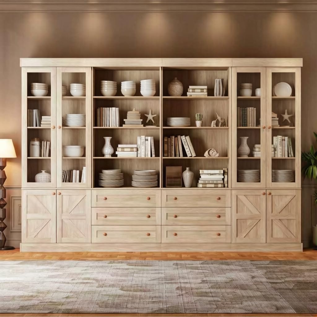 Vyre 71" Tall Farmhouse Kitchen Pantry, Large Storage Cabinets with Glass Doors, Freestanding Wood Hutch Cabinet with 3 Drawers &amp; Adjustable Shelves for Living Room &amp; Dining Room, Set of 4, Brown