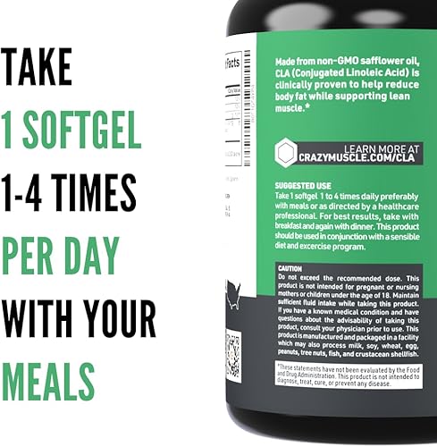Miniatura 7 de Crazy Muscle CLA 1000 mg, quemador de grasa de ácido linoleico conjugado para control de peso y definición muscular, alta potencia, apto para