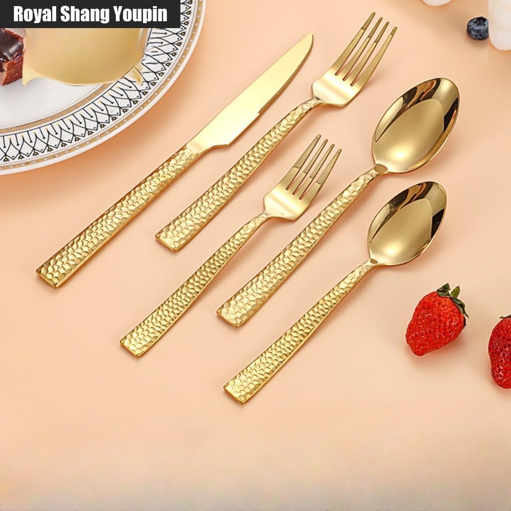 Square Handle Hammer Pattern Kitchen Stainless Steel Silverware Tableware Flatware Cutlery Set Steak Knife Fork Spoon Teaspoon (Gold,20 pieces)