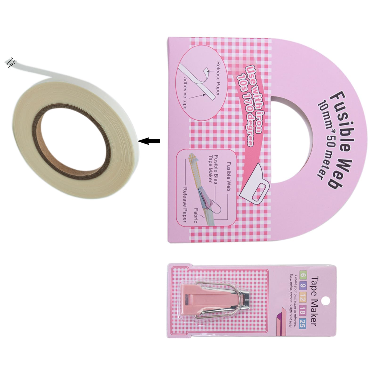Buxuaaaa Fusible Bias Tape Wtih Fusible Bias Tape Maker Tool (Size 1/4Inch 3/8Inch 1/2Inch 3/4Inch 1In) for Sewing Dressmaking