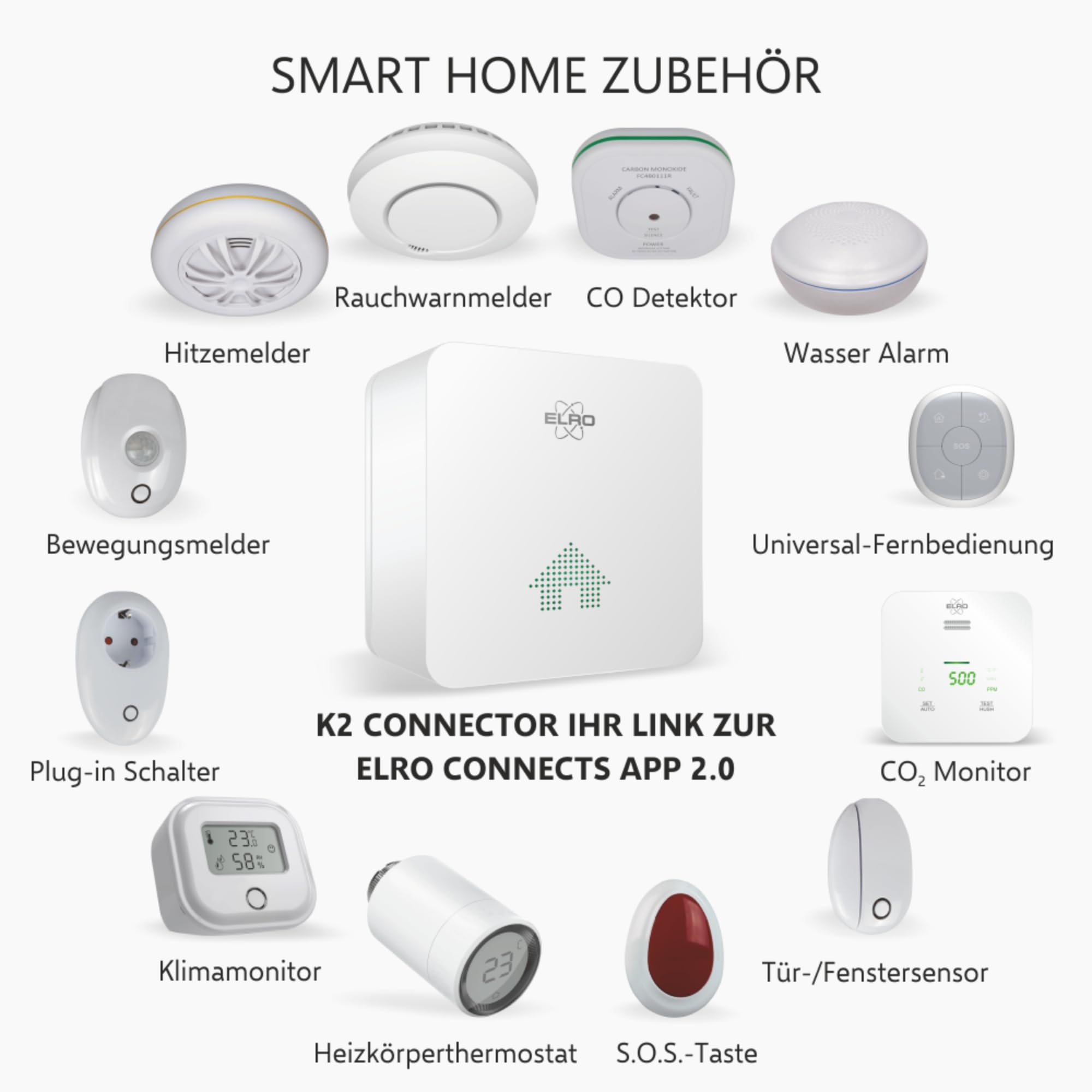ELRO Connects SF500S Rauchmelder Kit - Komplettes Set K2 Connector + 3X Funk Rauchmelder Kit - Warnt per Smartphone - nach EN14604