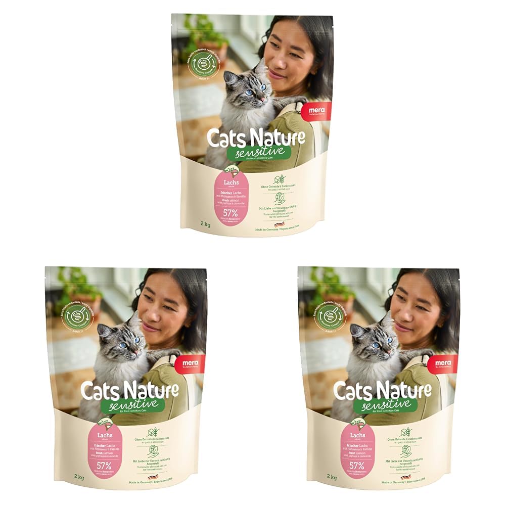 MERA Cats Nature Sensitive Lachs Katzenfutter Trocken 2kg | Mono-Protein, getreidefrei & zuckerfrei | Katzen Trockenfutter hoher Fleischanteil & leicht verdaulich (Packung mit 3)