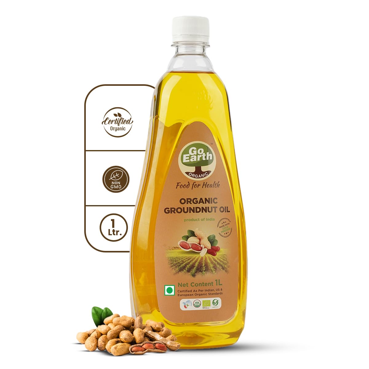 Go Earth Organic Cold Pressed Groundnut Oil 1 Liter | Pure & Unrefined Cooking Oil | Peanut Oil For Daily Use | Mungfali Tel | Rich Aroma & Natural Flavor | Edible Oil For Cooking