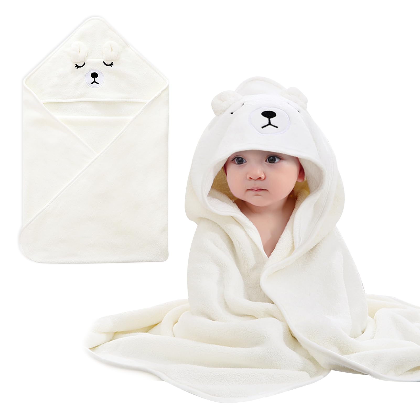 YJSDDNTY 1pcs Kapuzenhandtuch für Babys,80 X 80 cm Baby Handtuch Kapuze,mit Kapuze und Waschlappen,Weich Super Saugfähig,niedliche Tier-Form- Weiß