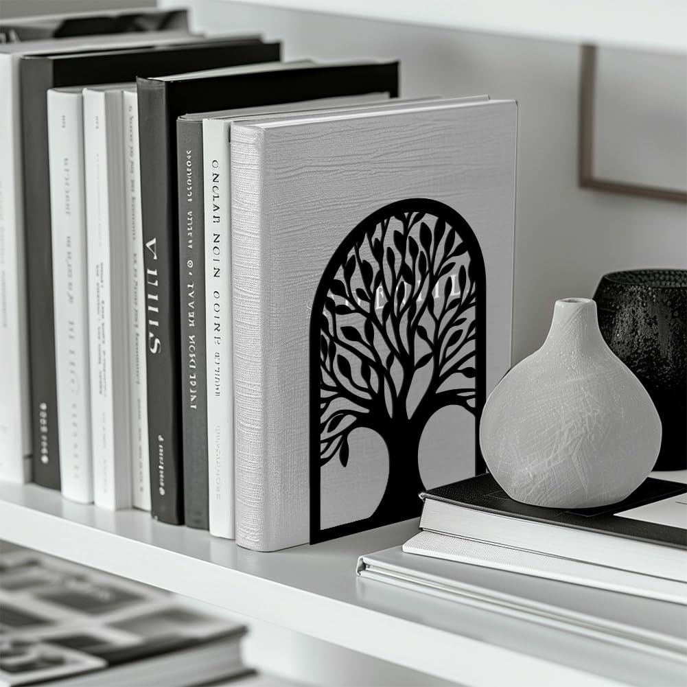 Peacoblue Metal Bookends for Shelves, Modern Decorative Heavy Duty Study Book Support Stoppers for Office, Desk, Shelf, Room 5.3"x3.5"x7.8" Cast Iron Simple Tall Bookends, 1 Pair (Tree of Life)