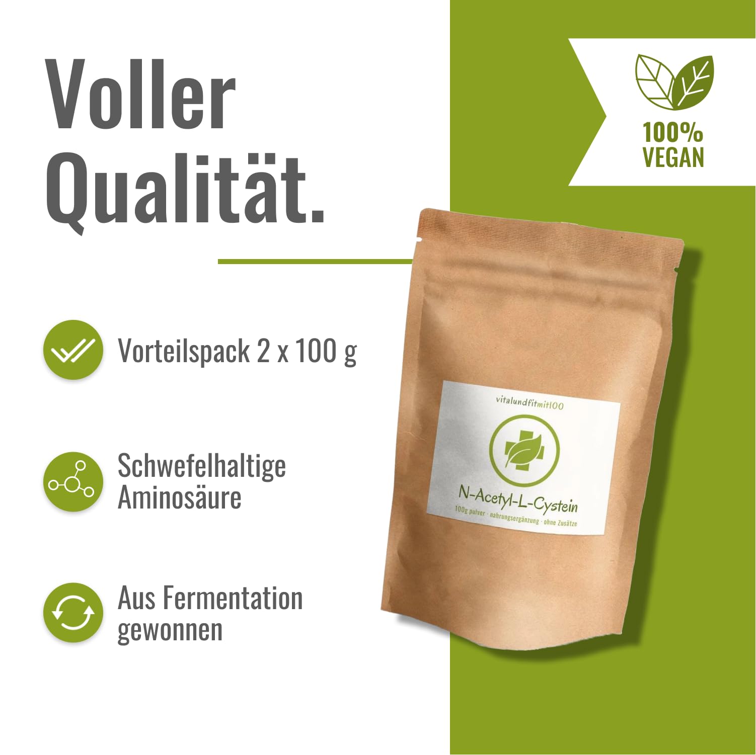 N-Acetyl-L-Cystein Pulver 200 g (2 x 100 g) - NAC - schwefelhaltige Aminosäure - hochdosiert - Fermentationsgewinnung - vegan und rein - OHNE Hilfs- u. Zusatzstoffe - Deutsche Herstellung