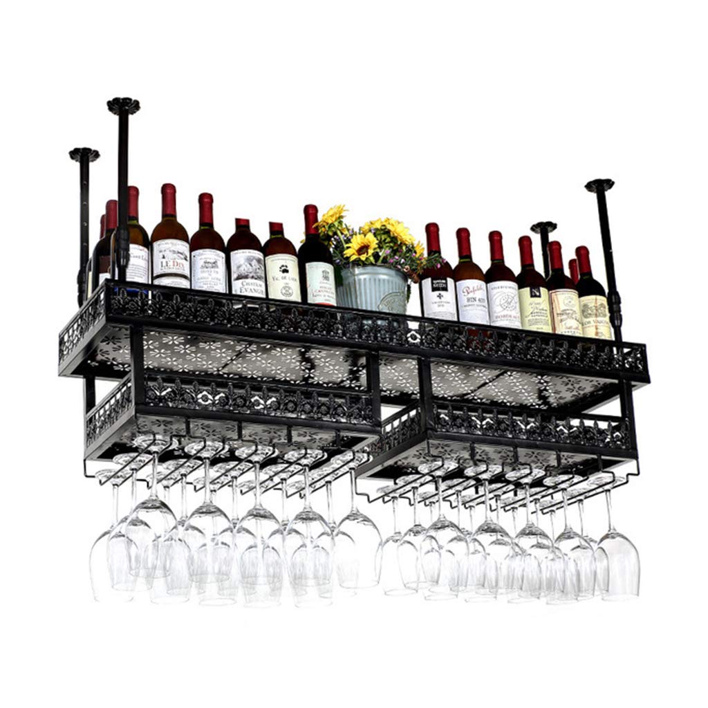 Casier à vin rouge et support de verre suspendu en métal à 2 couches pour bouteilles et gobelets