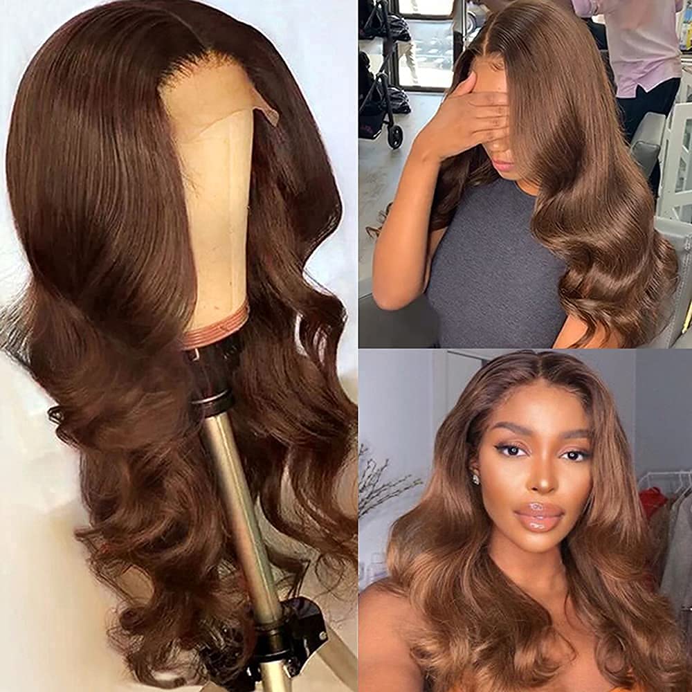 Brown Body Wave Lace Front Human Hair Wig for Black Women - Pre Plucked Brazilian Remy Hair, 150 Density, 14 Inch
