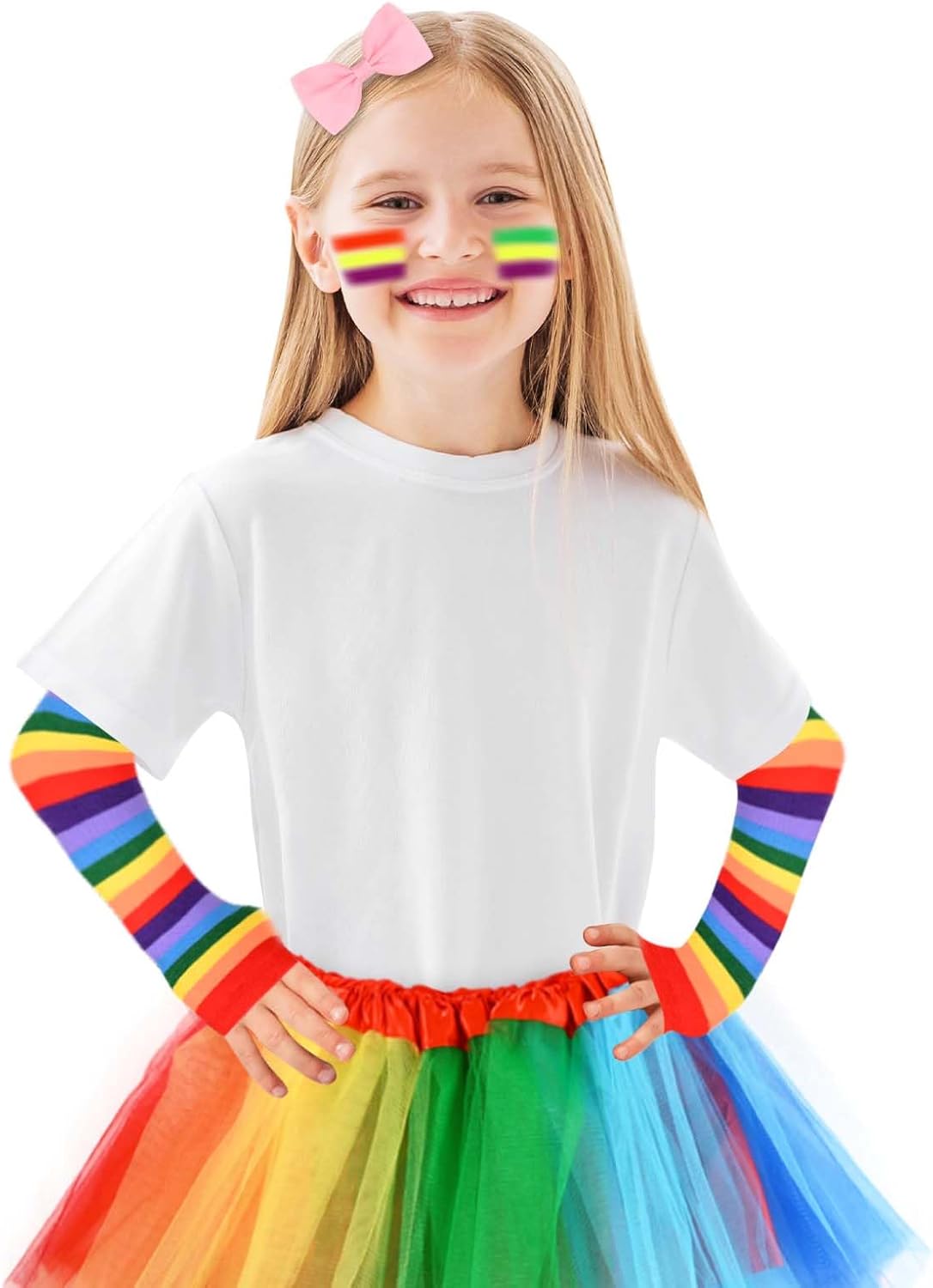5Pack World Book Day Costume Rainbow Costume Set Including Rainbow Socks Gloves Tutu Skirt Pink Hair Clip Face Painting Makeup for World Book Day Cosplay Supplies - Image 6