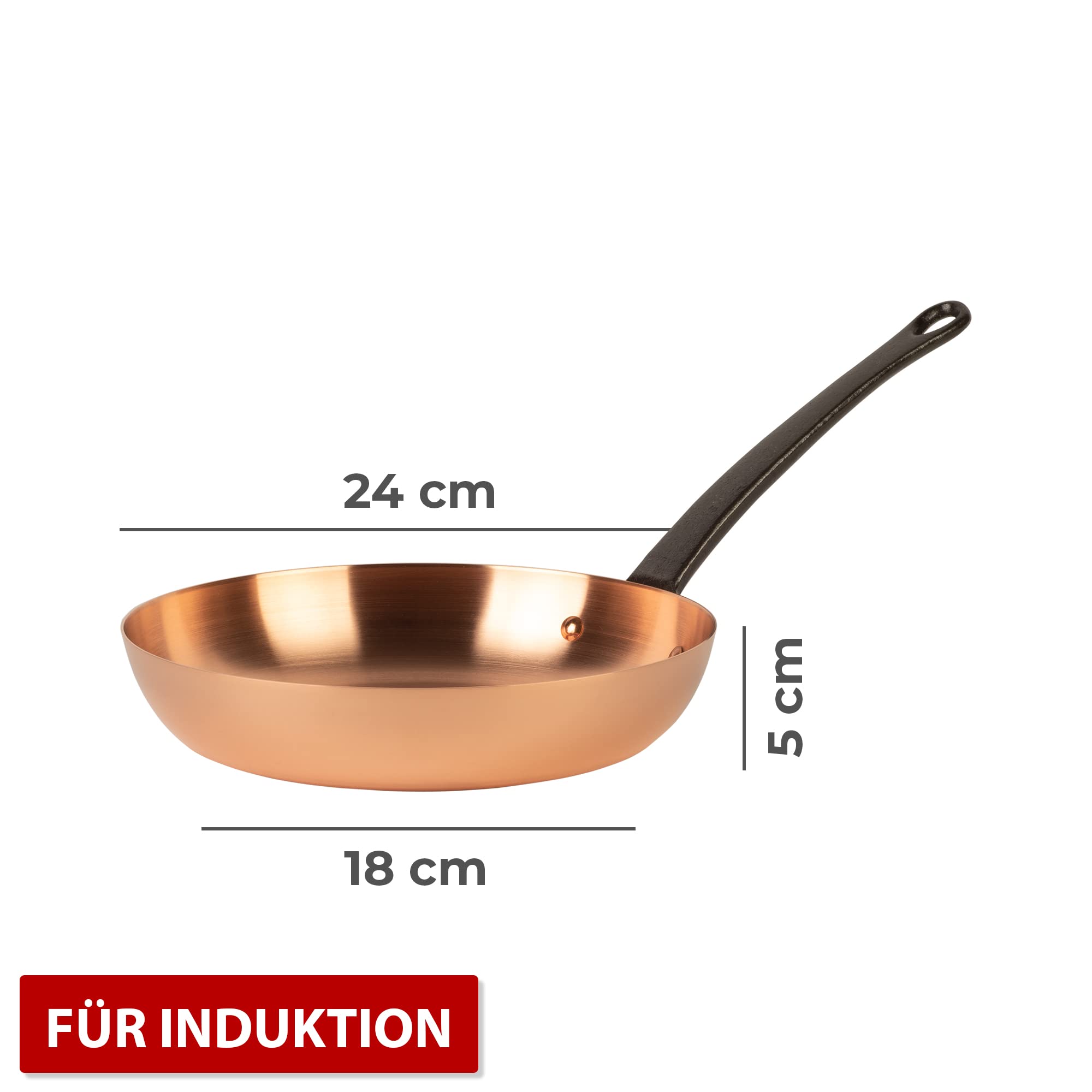 reine Kupferpfanne Ø 24cm dickwandig | Pfanne aus massivem Kupfer ohne Beschichtung (M | für induktion)