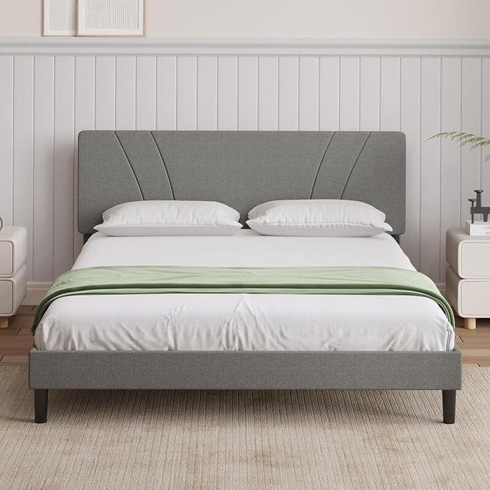 Image of Wooden Modern Upholstered King Size Bed for Bedroom | Wooden Double Bed Without Storage | Platform Cot Upholstered Bed with Upholstery Fabric | Engineered Wood | 6.5 x 6 Ft | Light Grey-A