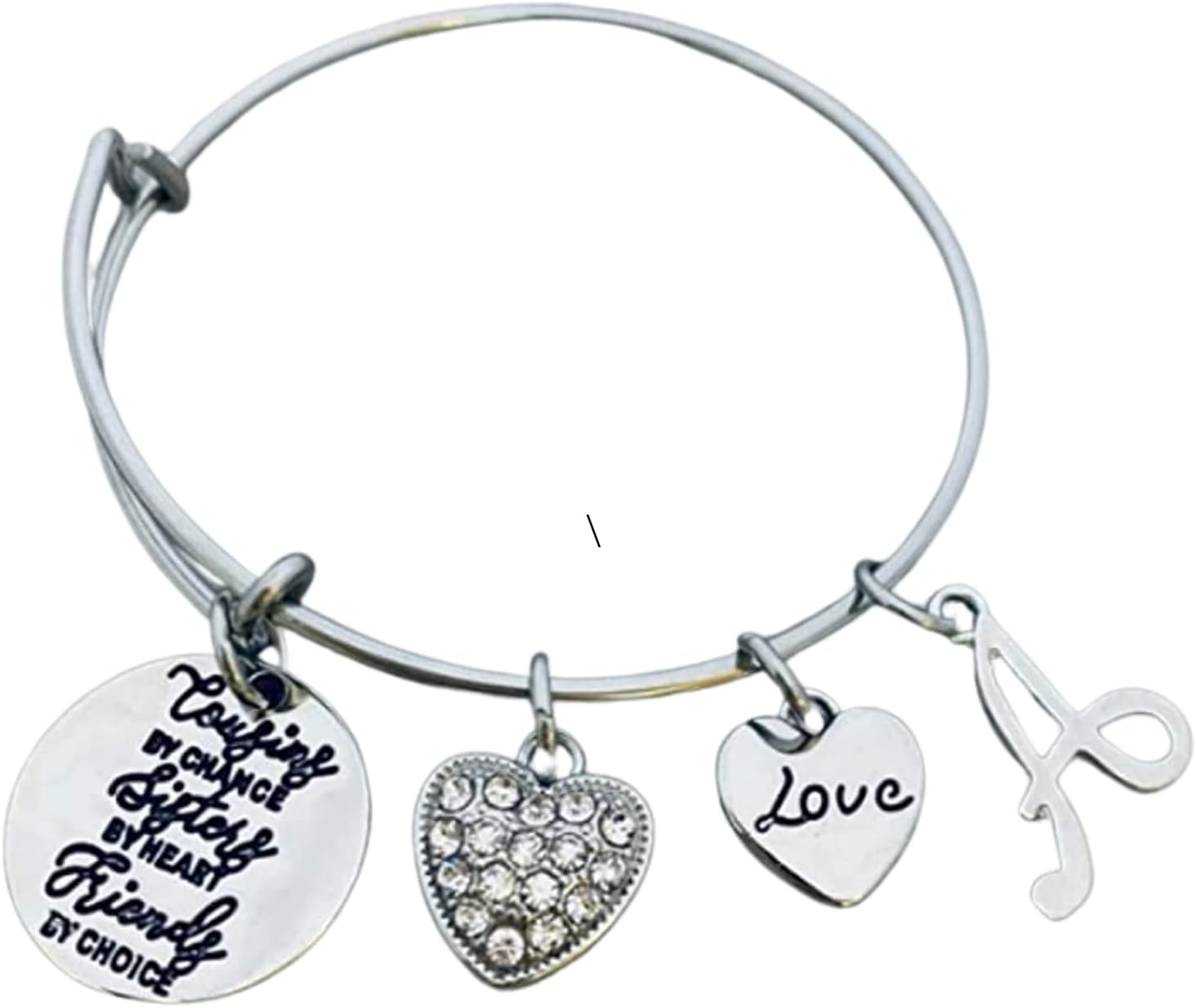 Personalized Cousin Gift with Letter Charm, Cousins by Chance, Friends by Choice Charm Adjustable Bangle, Cousin Jewelry for Women for Cousins