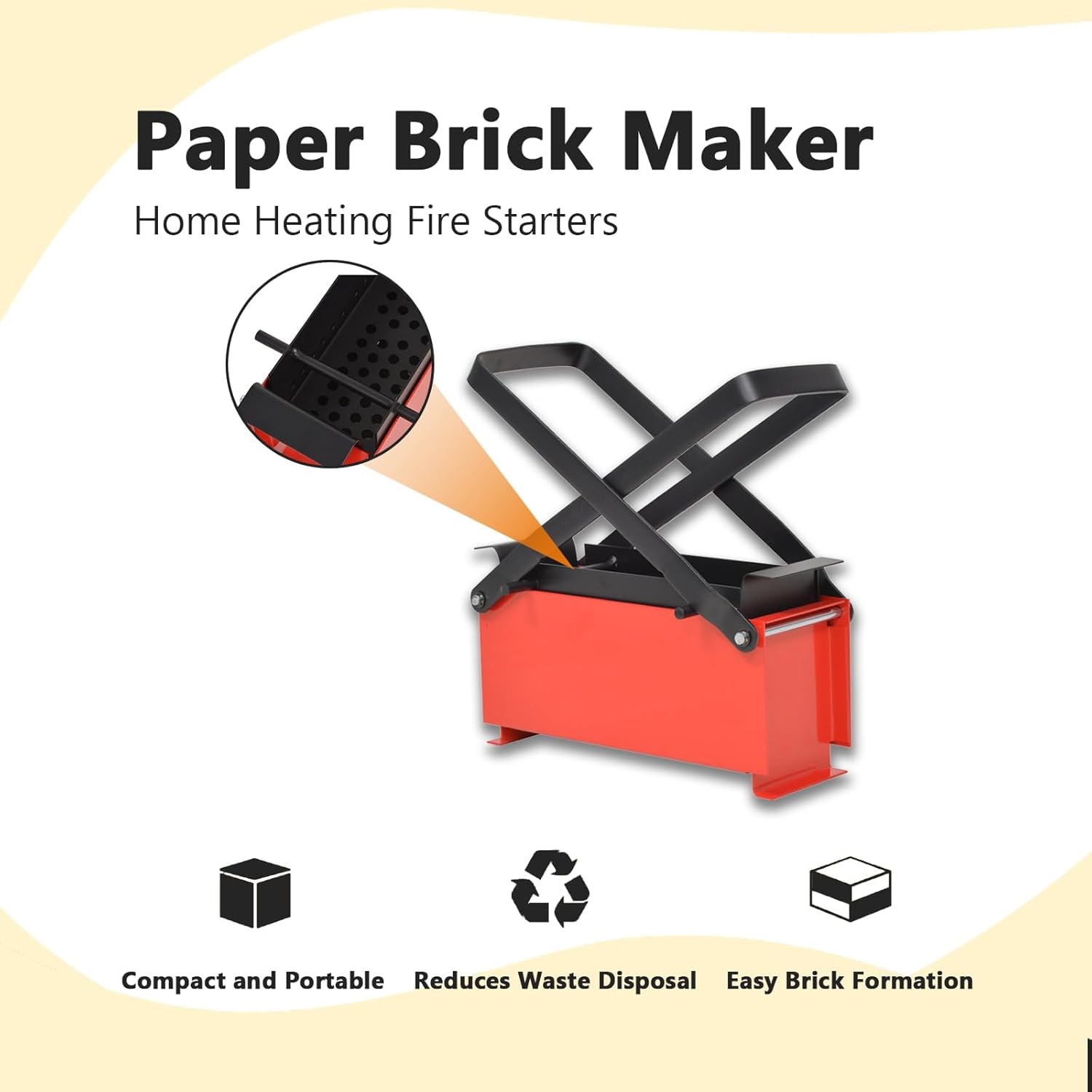 Pemberly Row Steel Paper Log Briquette Maker, 13.4"x5.5"x5.5", Black/Red Finish, Durable Steel Frame, Manual Operation, Fireplace or Fire Pit Accessory for Recycling Paper to Fuel