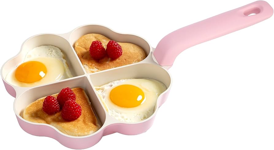 Paris Hilton Heart-Shaped Divided Fry Pan, Ceramic Nonstick Frying Pan with Individual Heart Sections, Dishwasher Safe, 8-Inch, Pink