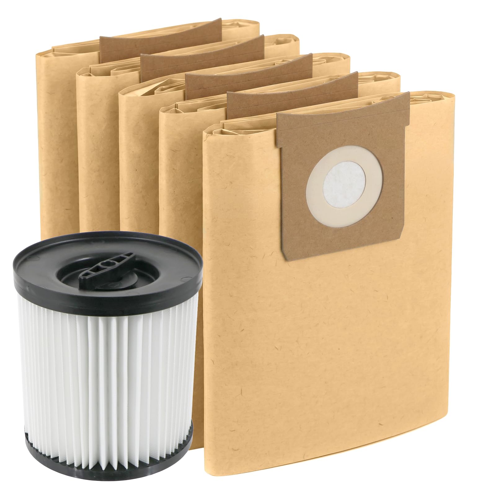 SPARES2GO Cartridge Filter + 5 Dust Bags for Mac Allister MWDV16L-A MWDV20L-A MWDV30L-A 16L 20L 30L Vacuum Cleaner