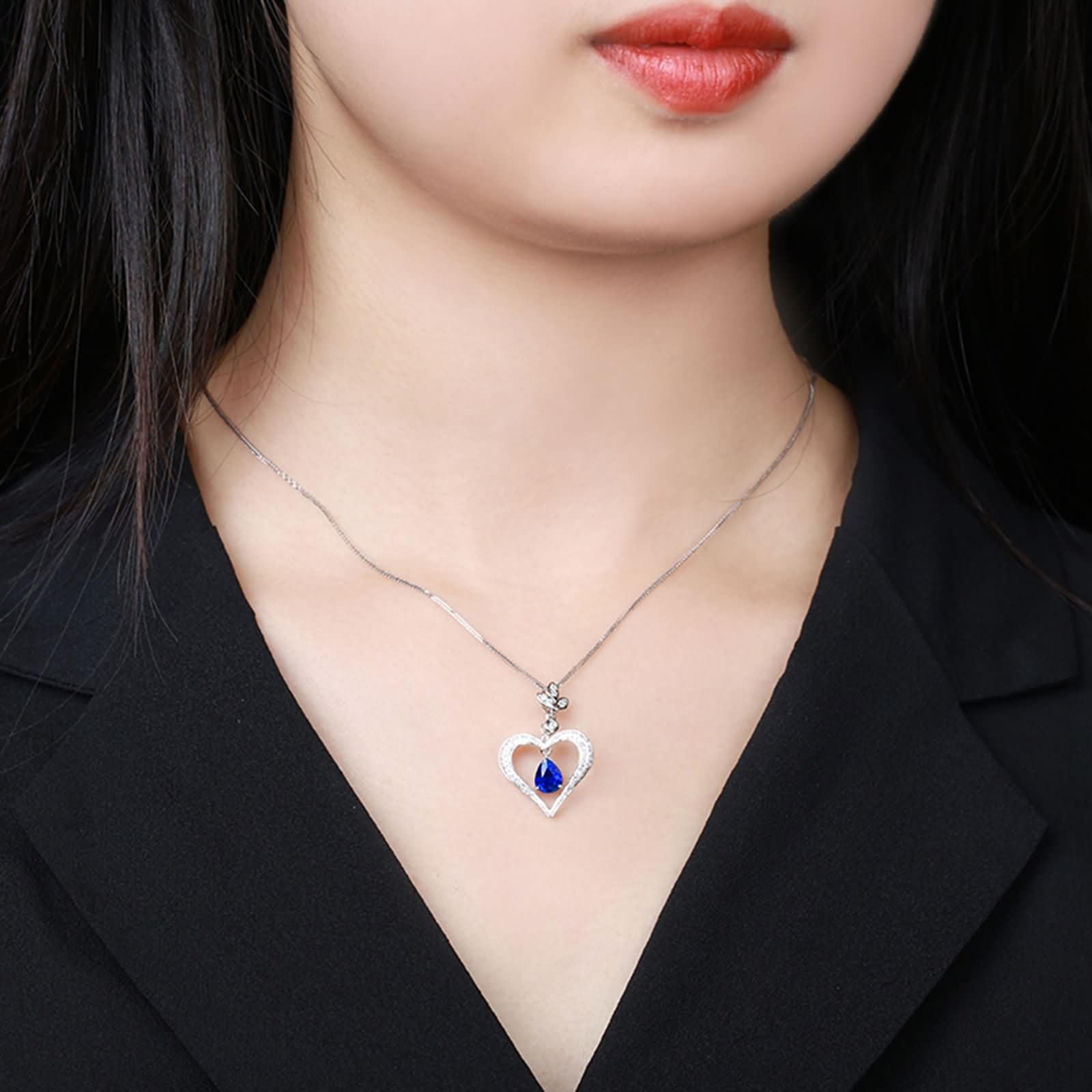 Catenina Collana Oro Bianco 18 Carati Donna,Collane Catene Cuore e Goccia d'acqua con 1,25 ct Zaffiro Sintetico e Moissanite Catenella Collana Argento Donna