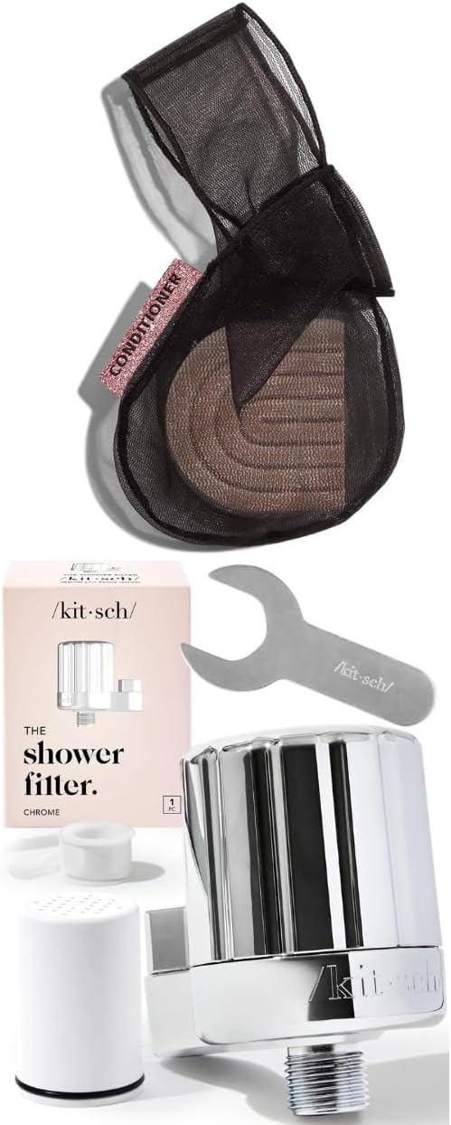 Kitsch Bar Soap Saver Bag (Black) & Shower Head Filter for Hard Water (Chrome)