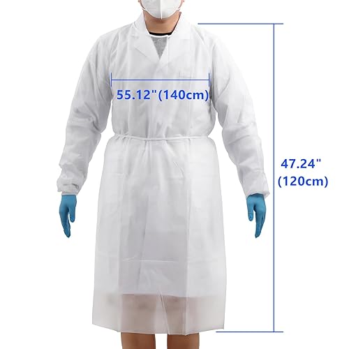 Miniatura 13 de JMU 100 piezas de batas de aislamiento desechables a granel, vestidos médicos PP largos con puños de punto (blanco)