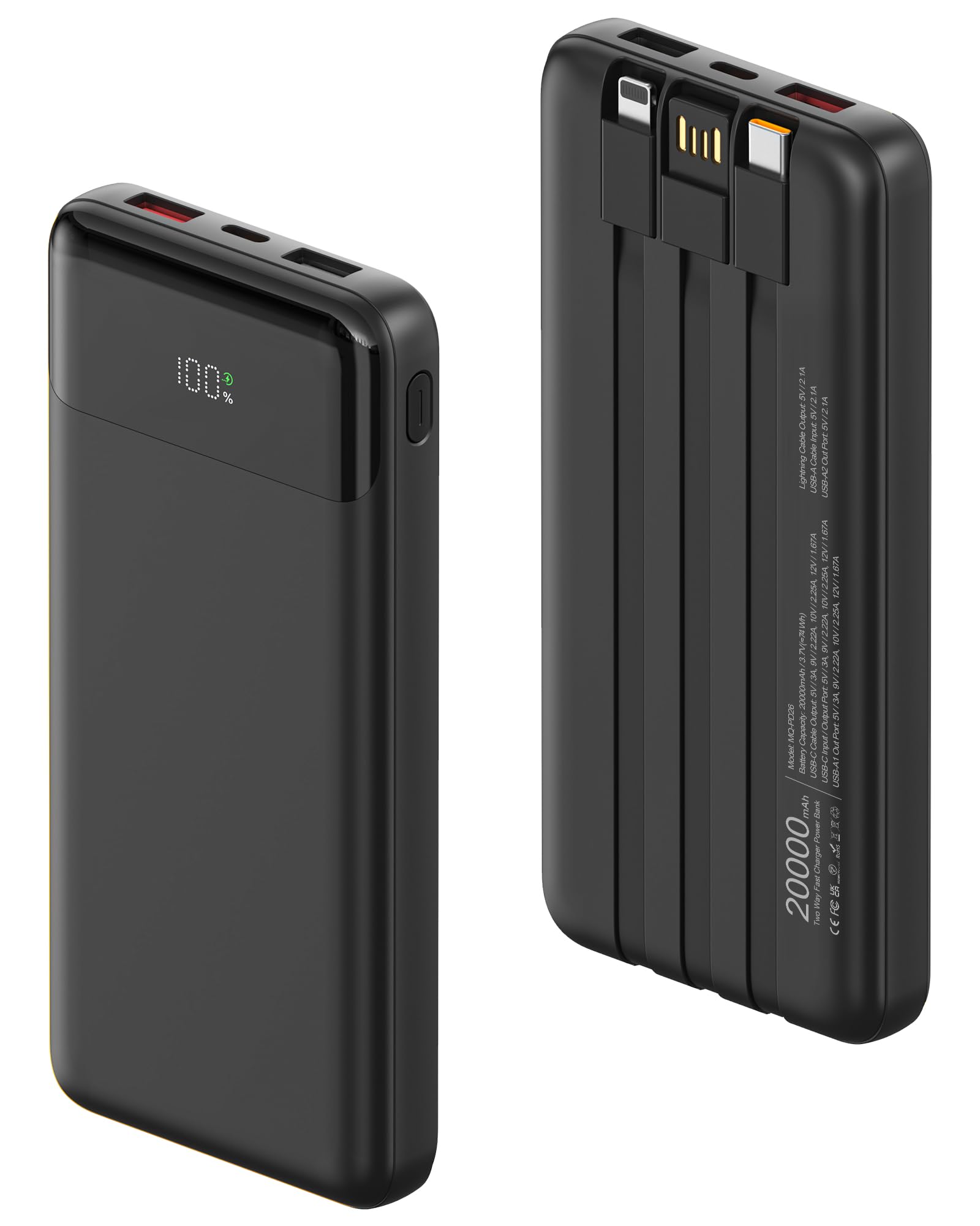 Powerbank 20000 mAh mit Integrierten 3 Kabeln, 22,5 W Schnellladung Power Bank Tragbares Ladegerät PD 3.0 QC 3.0 USB-C EIN- und Ausgang Externe Handyakkus für iPhone, Samsung, und mehr
