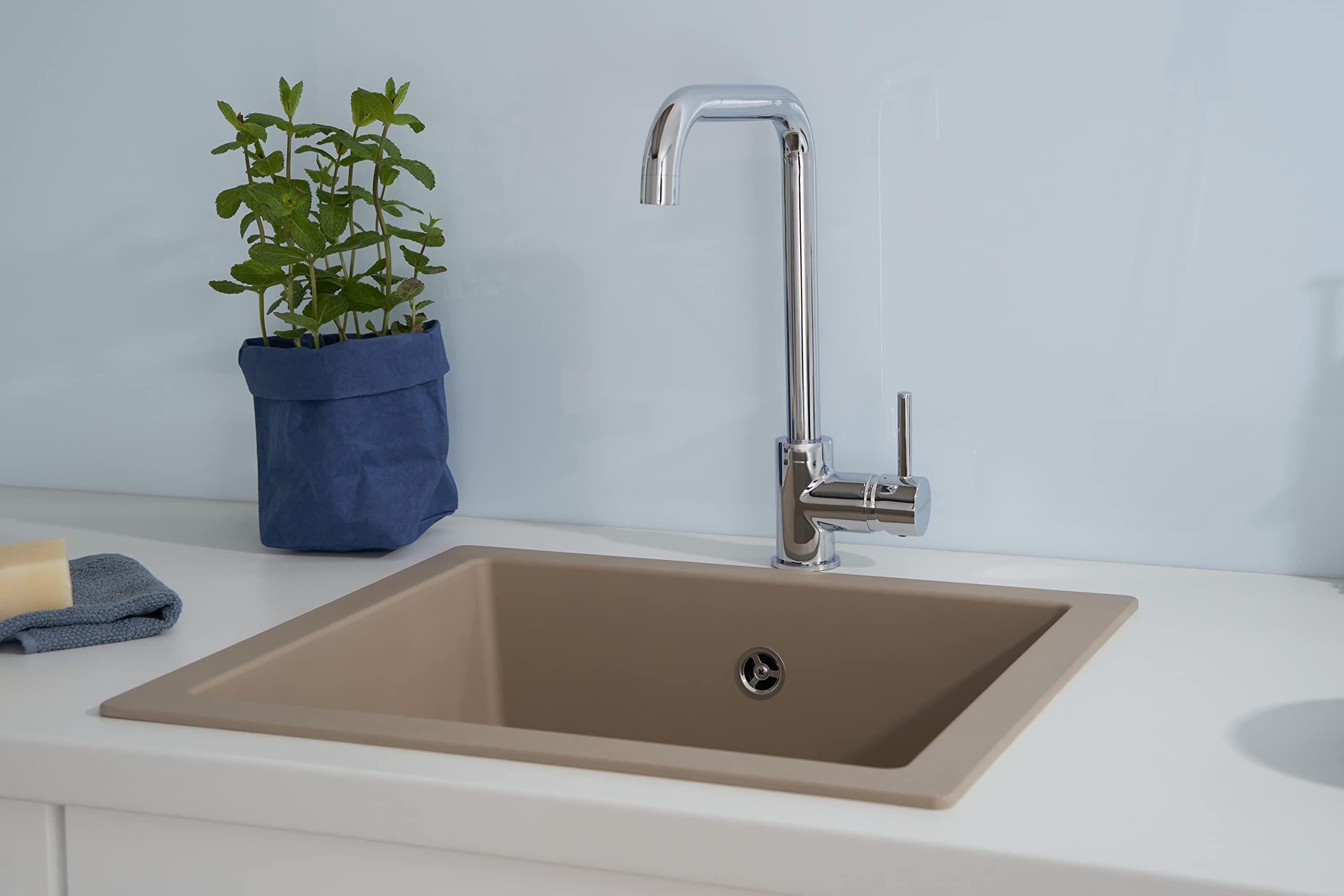 Respekta Ohio Lavello in Mineralite beige sabbia/Lavello da incasso a 1 vasca da 50 x 44 cm/Lavello adatto a basi da 50 cm di larghezza
