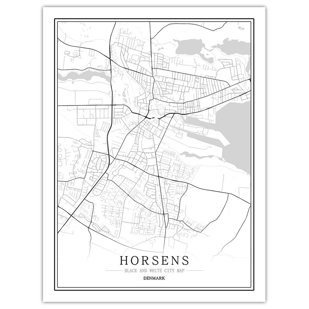 Carte de Horsens affiche Danemark noir et blanc pour salon chic 70x100cm
