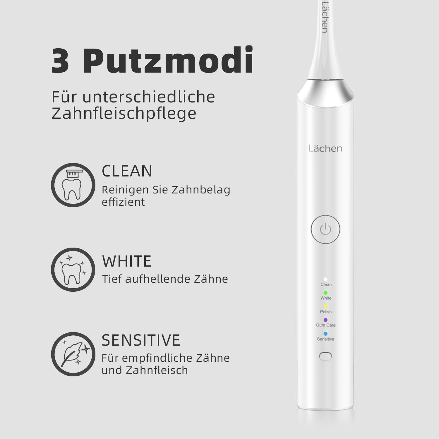 Lächen Cepillo de dientes eléctrico sónico, 5 modos, cepillo de dientes eléctrico sónico con estuche de viaje, 4 cabezales, carga USB para 60 días, temporizador, IPX7, resistente al agua, color blanco