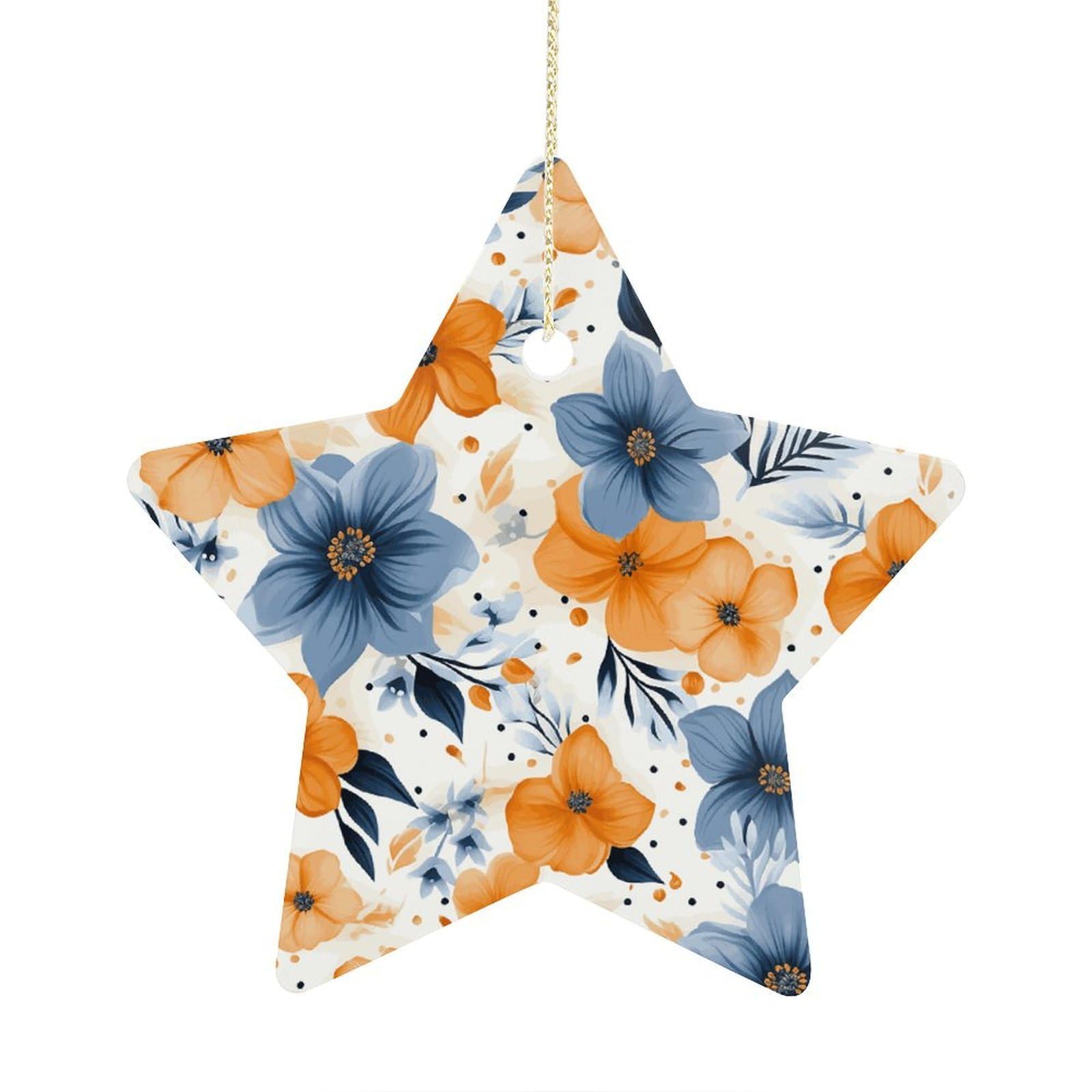 Blue and Orange Flowers on White Background Stars Ornaments Ceramic Christmas Tree Hanging Light in Weight Christmas Star Pendants Funny Double-Sided Printed Xmas Ornaments for Gifts