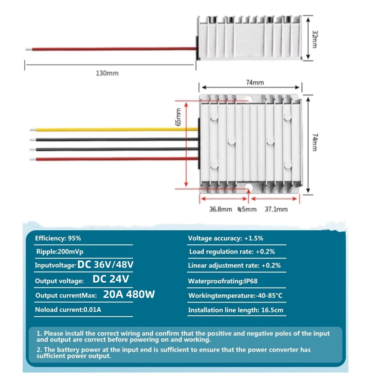 DC 24V 20A 480W 48V a 24V Buck Converter 36V a 24V DC Step-Down Convertitore Trasformatore Impermeabile Regolatore di Tensione Convertitore per Golf Cart Luci LED