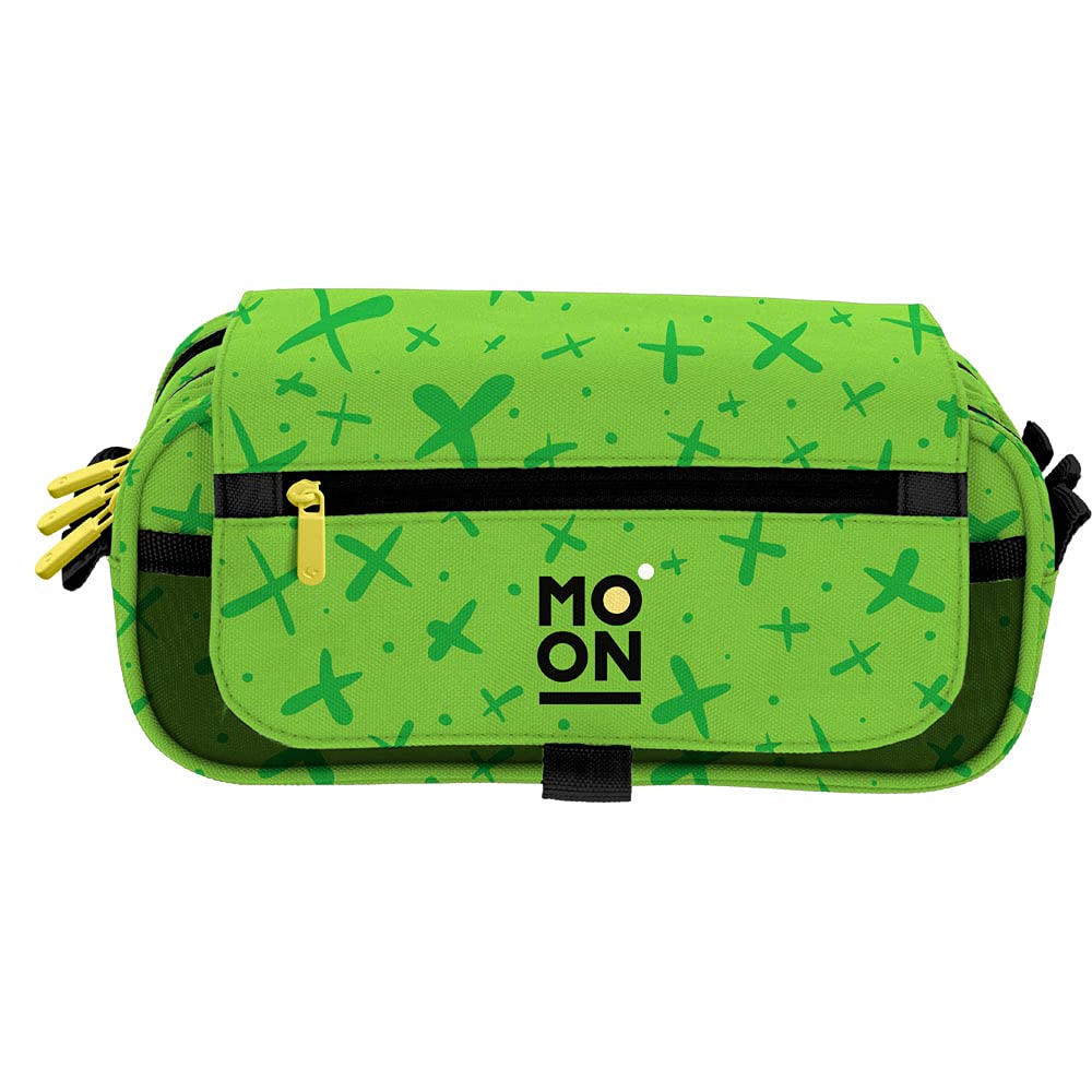 Grafoplás 37546420. Estuche Escolar Tres Compartimentos con Solapa, Verde, Colección Moon, Tamaño: 23x10x10cm