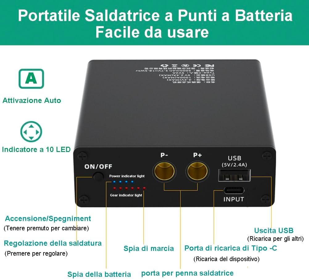 Batteria Spot Welder con 11 livelli di potenza di saldatura, 5000mAh batteria, 2M foglio di nichel-plate, per la fabbricazione di pacchi batteria (Nero)