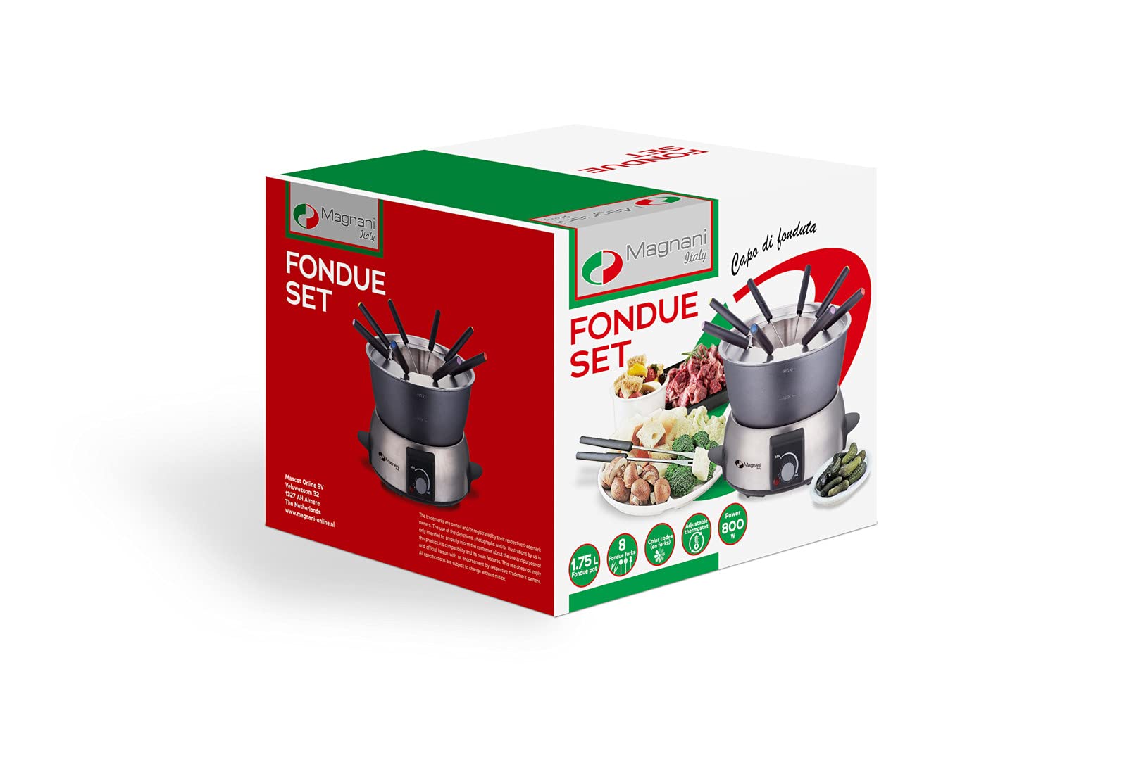 MAGNANI Appareil à fondue électrique pour 8 personnes. Fondue Chinoise, Bourguignonne, Savoyarde, Chocolat. Services à fondu capacité 1,75 Litres 800W.