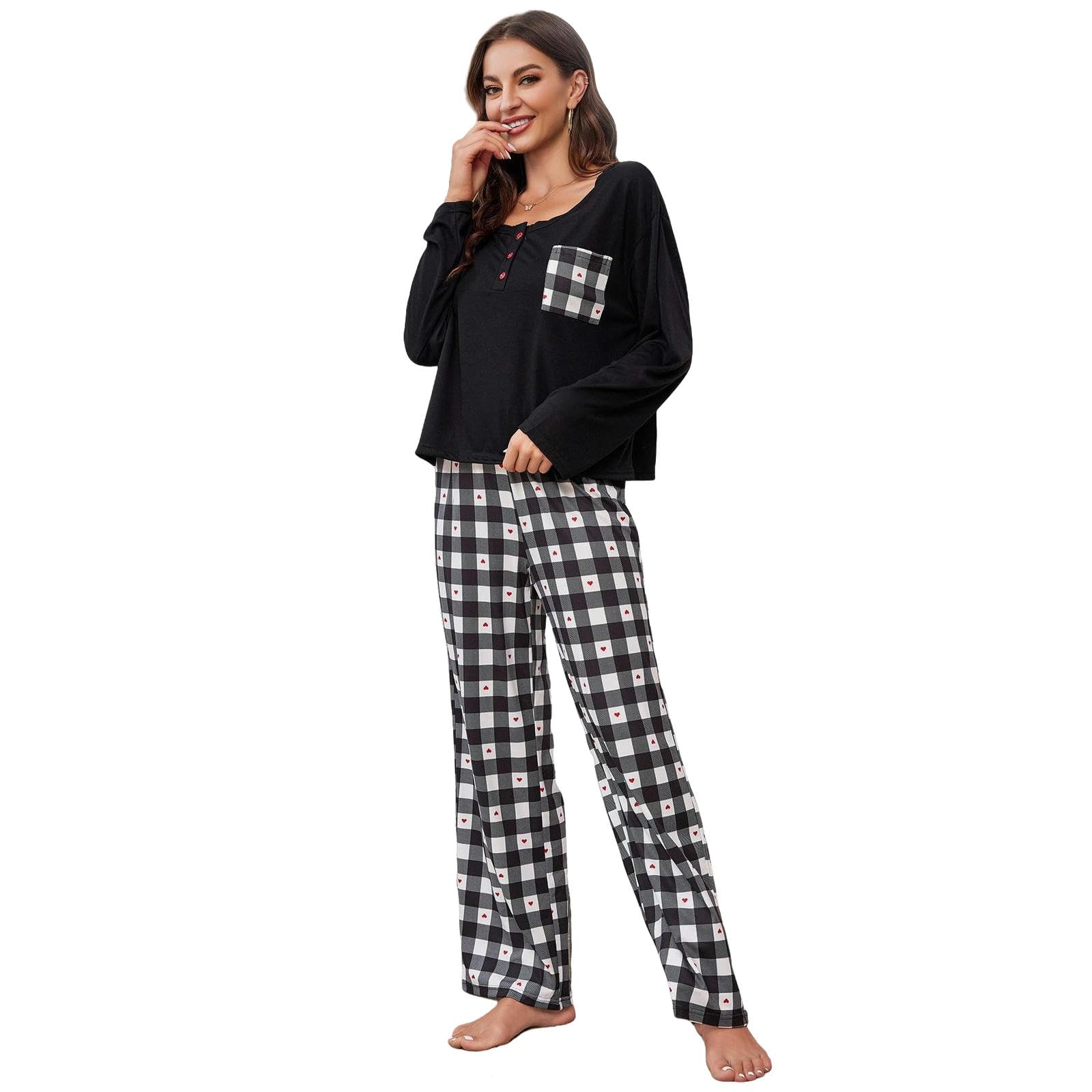 Pigiama Donna Cotone Pigiama da Donna Primavera E Autunno A Manica Lunga A Pianta U Tasca Tascabile Vestiti per La Casa A Due Pezzi Set-23009-nero-s