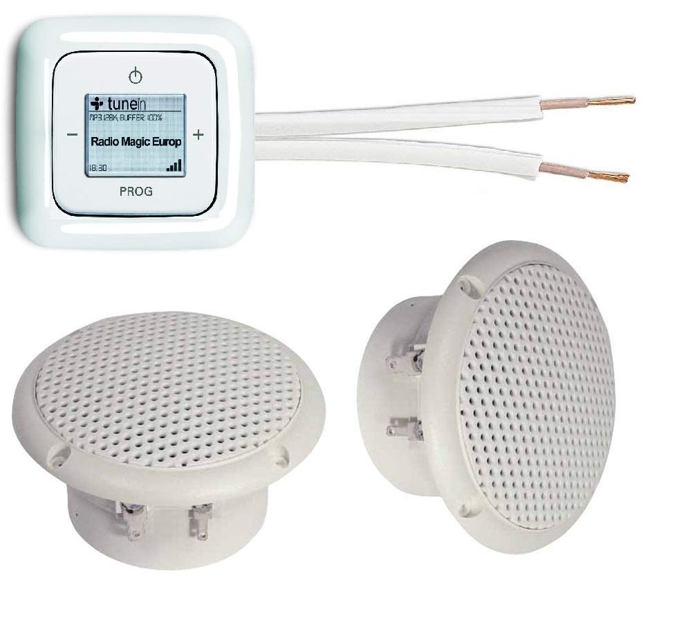 Busch Jäger iNet Radio encastrée 8216 U Blanc alpin Set complet Reflex SI + 2 enceintes de plafond (pièces humides/salle de bain) unité radio + élément de commande + cadre + câble d'enceinte 20 m