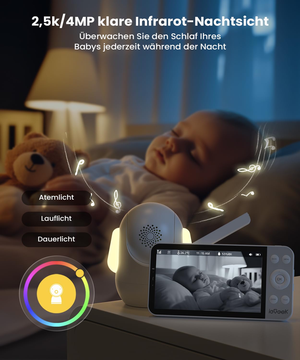 ieGeek Babyphone mit Kamera 2,5K/4MP, 5,5 Zoll WLAN Video babyfone (unterstützt 2,4 GHz und 5 GHz) PTZ 360°, Intelligentes Nachtlicht, Automatische Verfolgung, Weinen/Bewegungs, Mobile App