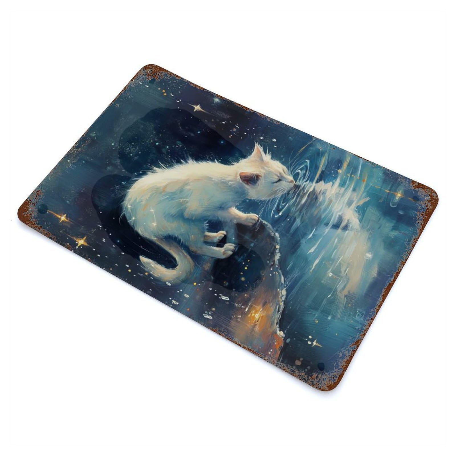 White Cat Drinking Water at Night 11.8"x7.9" Rustic Tin Plaque, Industrial Home Decor for Farmhouse, Kitchen And Entryway Decor