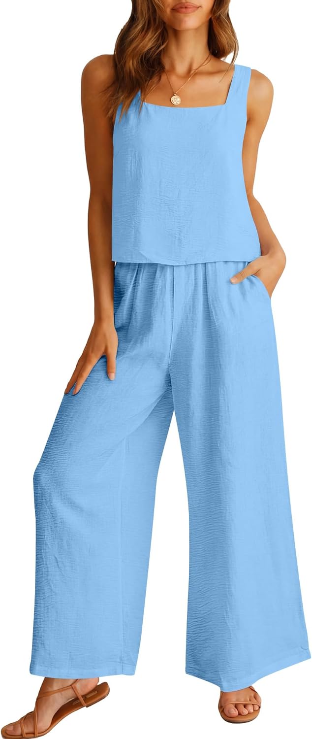 ANRABESS 2 Piece Sets for Women Outfits Lounge Matching Casual Travel Wide Leg Pants Crop Top Summer Vacation Beach Clothes