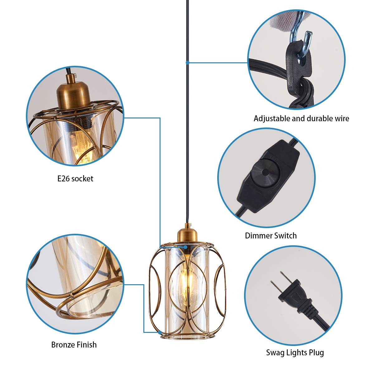 Lámpara colgante dorada enchufable, lámpara colgante de vidrio regulable, lámpara de techo vintage para isla de cocina, dormitorio, sala de estar, comedor 7