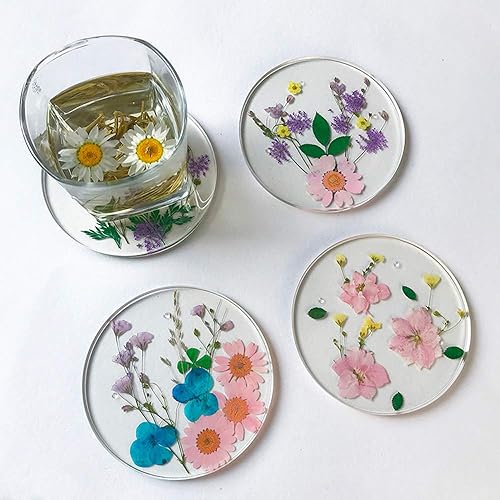 BD0001 - Posavasos de resina epoxi con colorido floral natural reutilizable, utensilios de cocina redondos para tazas de comedor (juego de 4) (4,